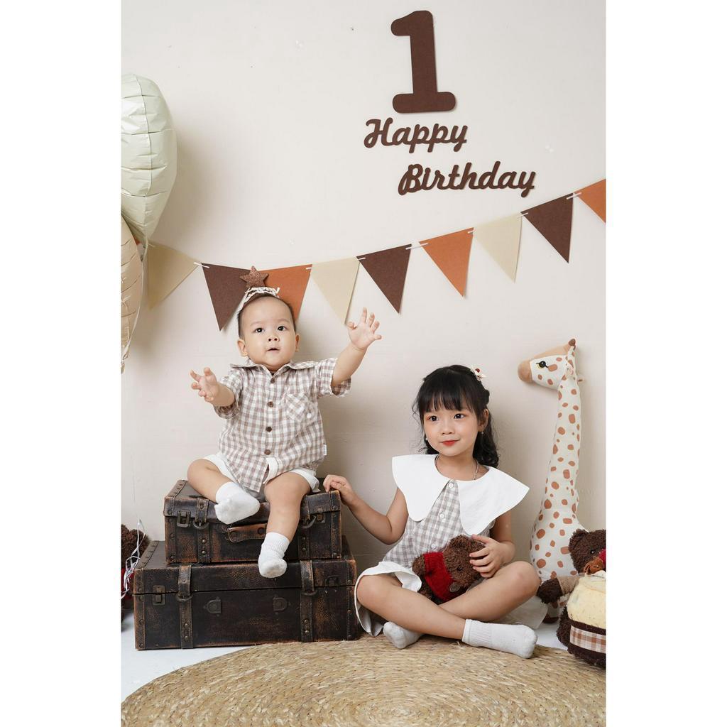 Set đồ cho bé -Váy caro NÂU đuôi cá 2 nơ BE và Áo cộc caro NÂU phối vạt TRẮNG mã V1261,A1641