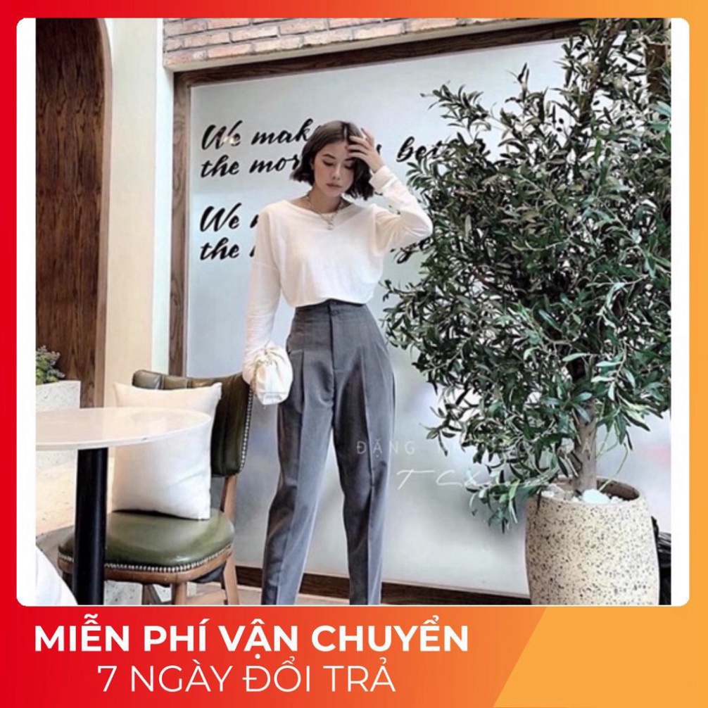 Quần Baggy cạp cao liền 2 khuy Hàn Quốc - Dáng quần baggy ống thụng xếp ly nữ - Vải Vitex dày