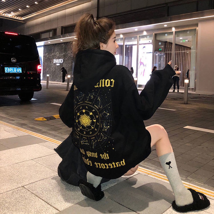 Velvet and thickened hooded sweater women's Korean version loose American vintage vibe style niche design medium-and long-style blouse