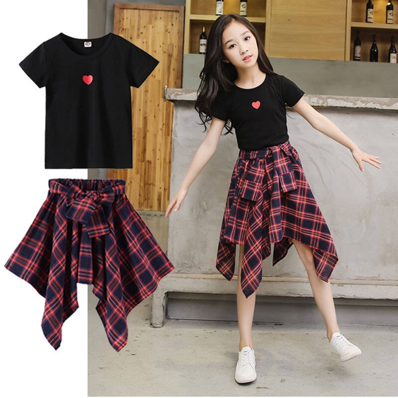Đầm Hai Dây Sọc Ca Rô Phối Áo Thun Thời Trang Hè Đáng Yêu Dành Cho Bé Gái 110-160cm