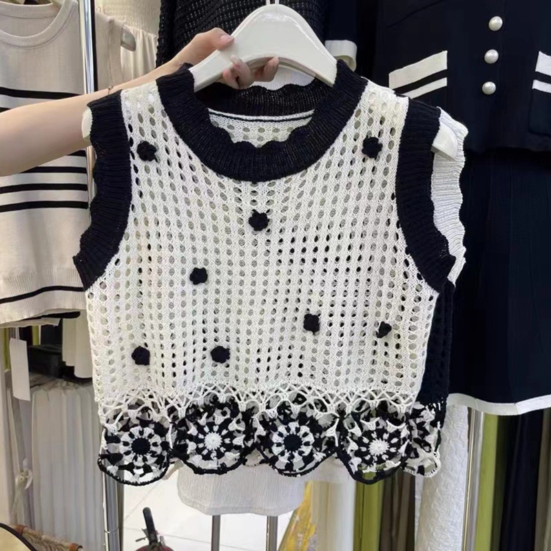 Áo Len Không Tay Cổ Tròn Dáng Rộng Họa Tiết Hoa Màu Sắc Tương Phản Thời Trang Cho Nữ