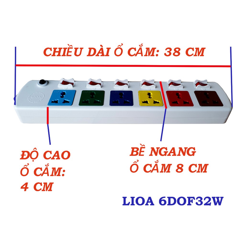 Ổ cắm điện 3 chấu đa năng LIOA 6 ổ cắm 6 công tắc công suất 2000 watt dây dài 3 mét 6DOF32WN (Trắng hoặc đen)