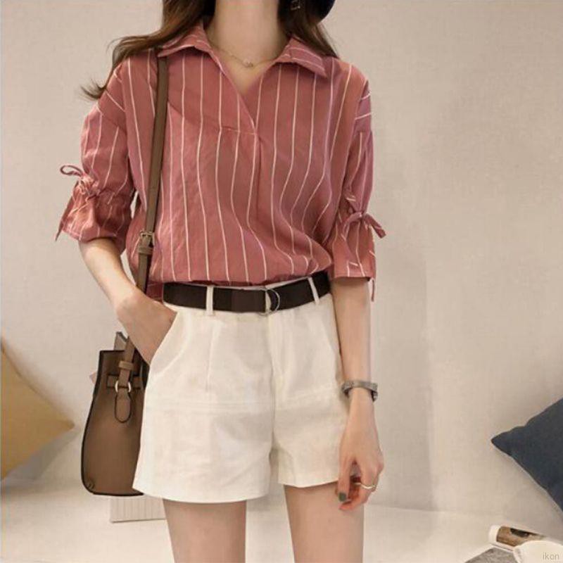 Áo sơ mi họa tiết kẻ sọc tay lỡ cổ chữ V thiết kế thanh lịch thời trang cho nữ