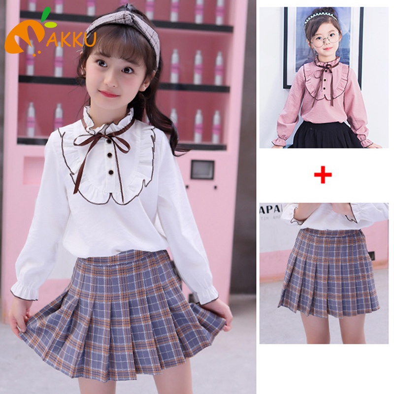 Set Áo Sơ Mi + Chân Váy Họa Tiết Hoạt Hình Đáng Yêu Thời Trang Dành Cho Bé Gái akku
