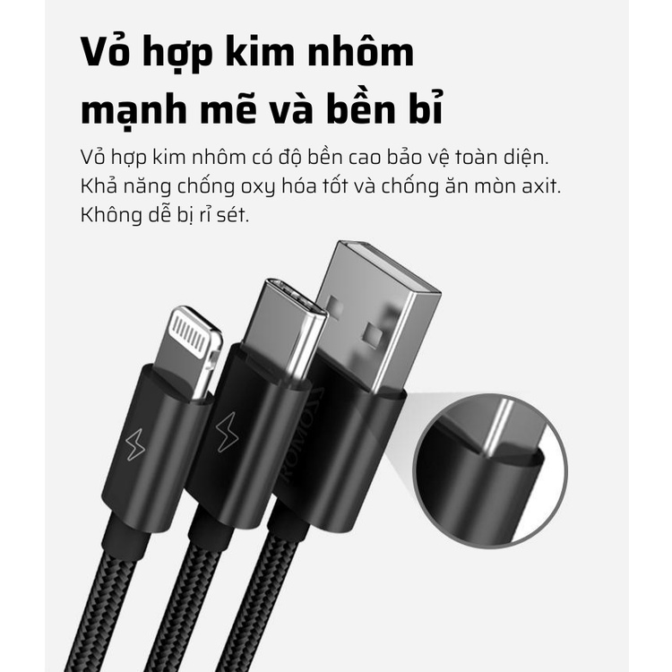 Cáp sạc 2in1, sạc nhanh 3A Lightning, Type-C, Romoss CB219, dùng cho iPhone, Samsung, Xiaomi, Oppo...Bảo hành 6 tháng
