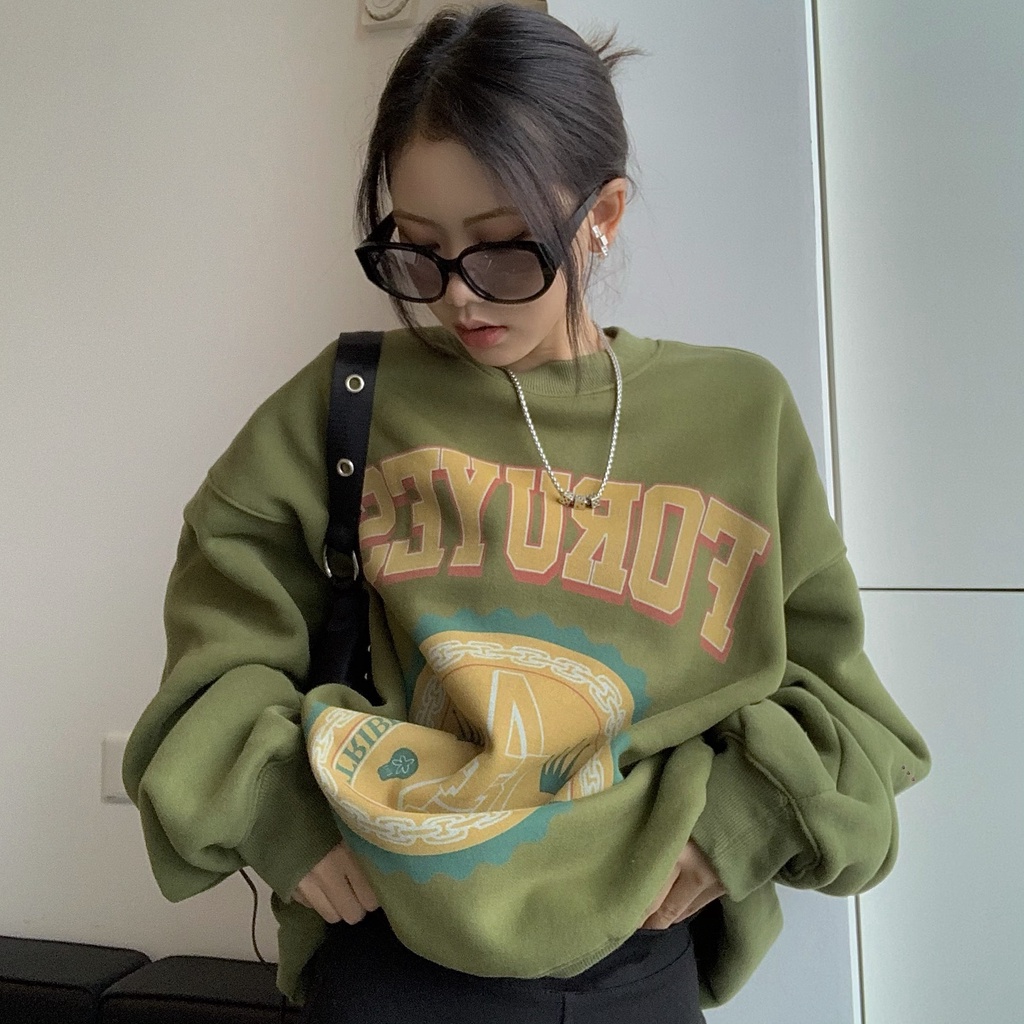 Áo sweater Lót Nhung Họa Tiết Trái Bơ Màu Xanh Lá Phong Cách Hàn Quốc Thời Trang Cho Nữ