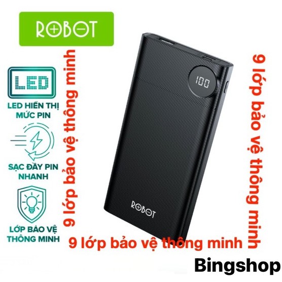 Sạc dự phòng ROBOT RT190 10000mAh thiết kế nhỏ gọn LED hiển thị Pin 2 cổng vào Micro/Type-C và 1 Cổng Ra USB