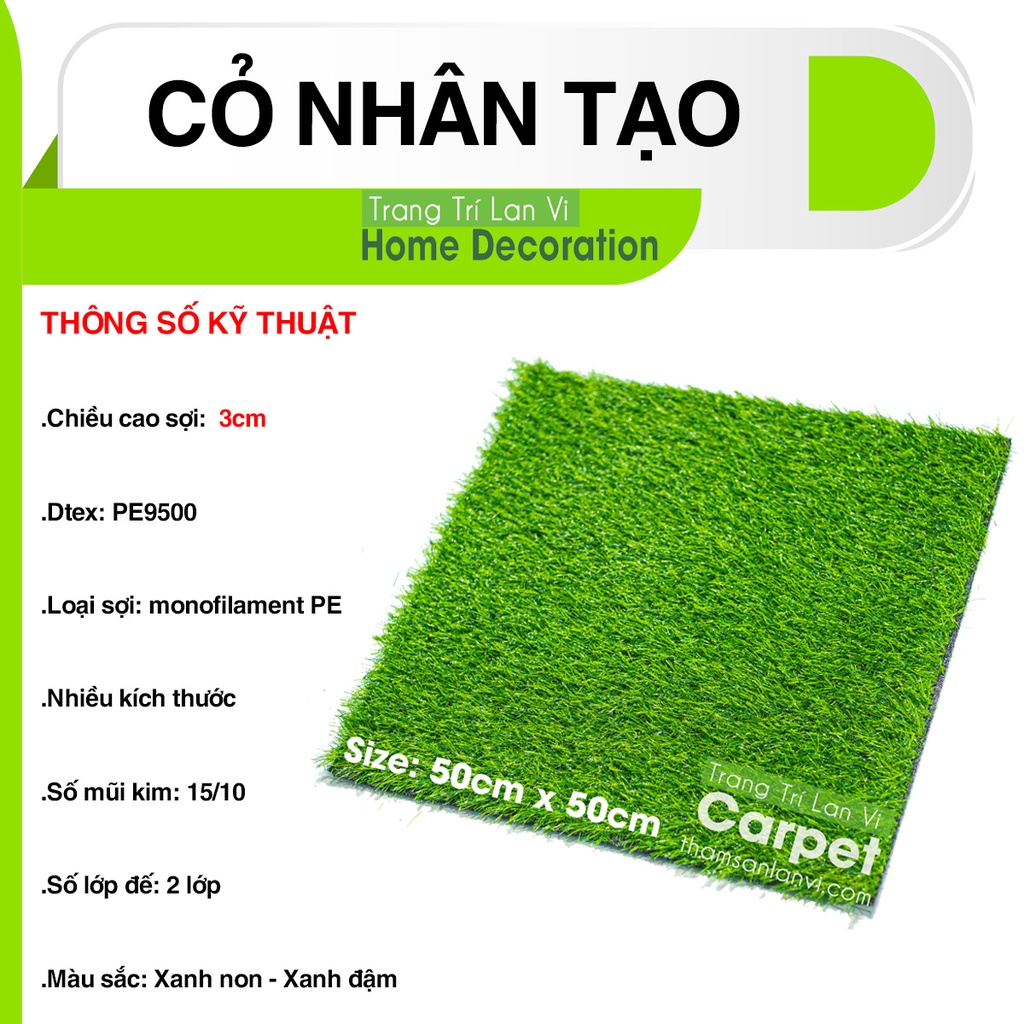 Cỏ nhân tạo dày 3cm trang trí nhà cửa sân vườn độ bên cao thoát nước, kích thước 50cm x 50cm