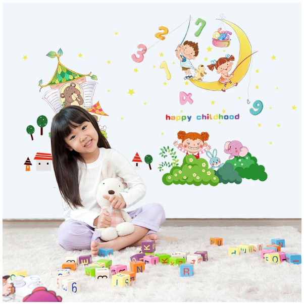 Decal trang trí tường Bé cưỡi Trăng Số Happy Childhood