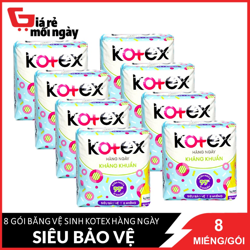Combo 8 Băng Vệ Sinh Kháng Khuẩn Hàng Ngày Kotex Siêu Bảo Vệ 8 miếng