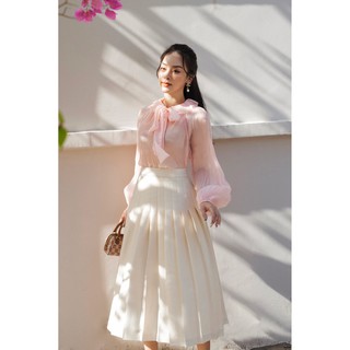 Chân váy taffeta midi kem xếp ly -HBZ338
