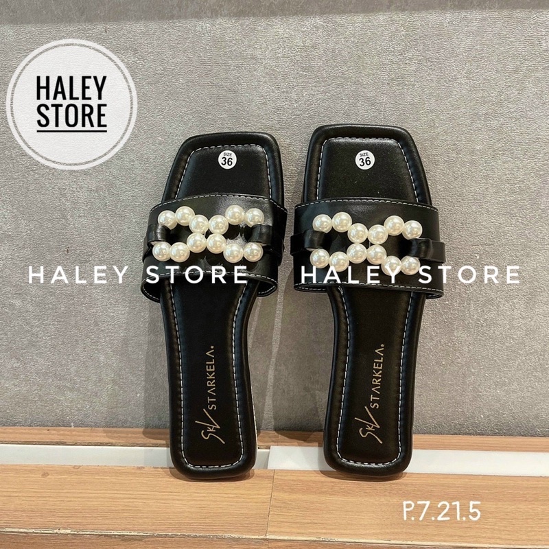 Dép nữ đế bệt HALEY STORE quai ngang mũi vuông đính nơ ngọc màu trẻ trung năng động rẻ bền đẹp đi trong nhà chơi du lịch