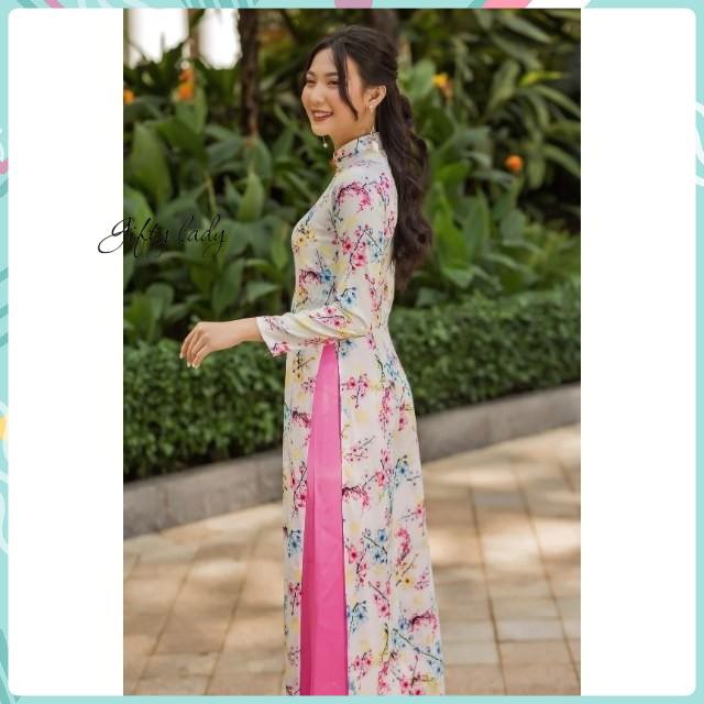 Áo Dài Truyền Thống Nữ Cổ Cao Vải Gấm Màu Trắng In Hoa Mai Đào - Áo Dài Tết Họa Tiết Đẹp, , Đường May Tinh Tế, Giftylady | BigBuy360 - bigbuy360.vn