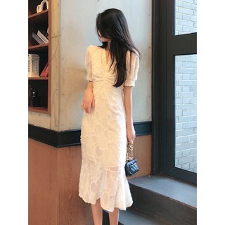 Đầm Midi Cổ V Đuôi Cá Kiểu Pháp
