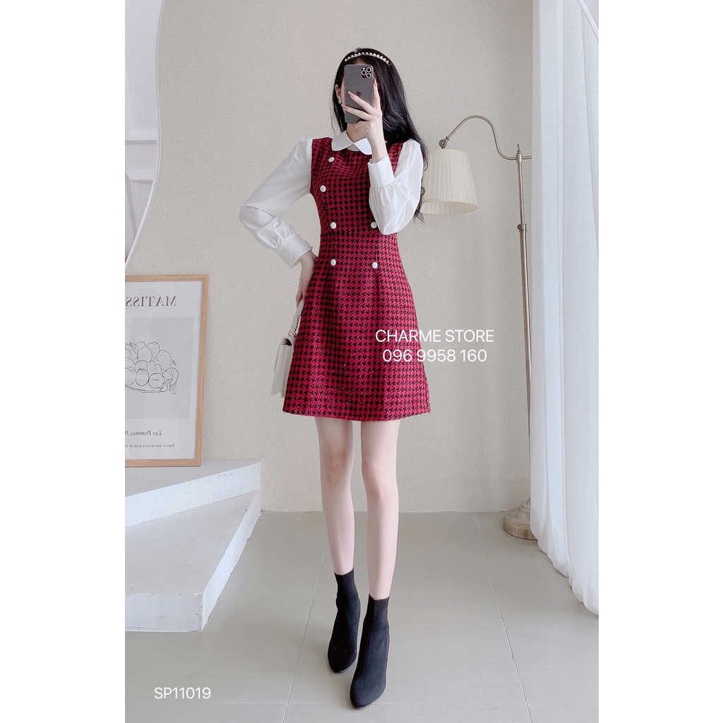 Váy nữ dáng chữ A kẻ đỏ phối tay và cổ sen sơ mi thiết kế Charme 11019