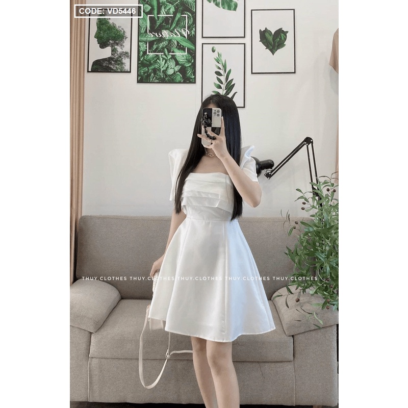 Đầm xòe màu trắng xếp ly tay phồng, cổ vuông hottrend | BigBuy360 - bigbuy360.vn