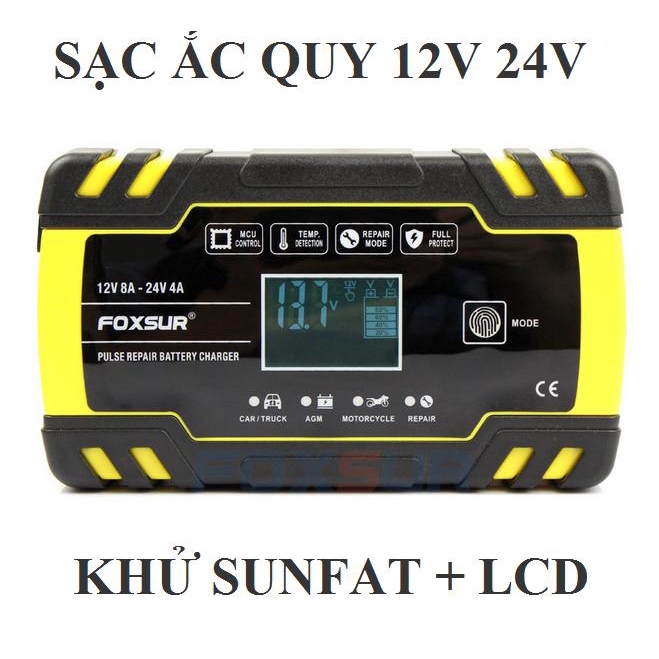 Máy sạc bình ắc quy ô tô xe máy 12V-24V 4-150Ah FOXSUR có chức năng khử sunfat thông minh tự ngắt khi đầy chống ngược cự