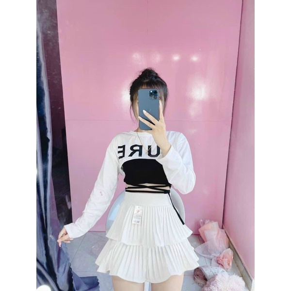 Set áo in chữ gồm áo sát nách cột dây eo phối áo croptop tay dài - A0U