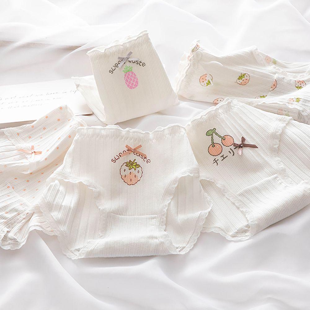 OCEANMAP Quần Lót Cotton Phối Ren Nhún Bèo In Họa Tiết Dâu Tây Dễ Thương Thời Trang Quyến Rũ Cho Nữ
