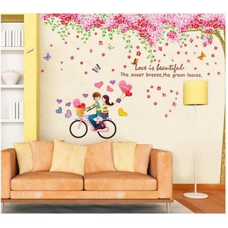Decal dán tường Combo cây đào hồng và xe đạp tình nhân PK270