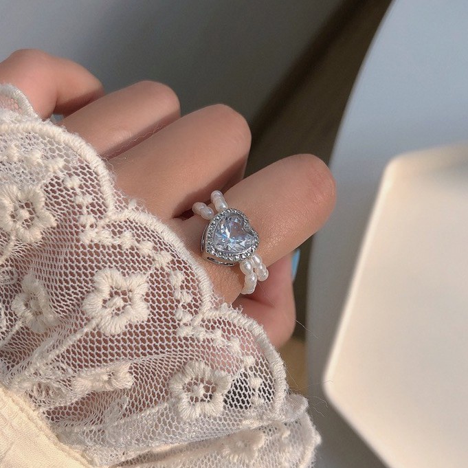 Nhẫn Hai Lớp Đính Ngọc Trai Màu Đen Hình Quả Đào Dễ Điều Chỉnh Cho Nữ