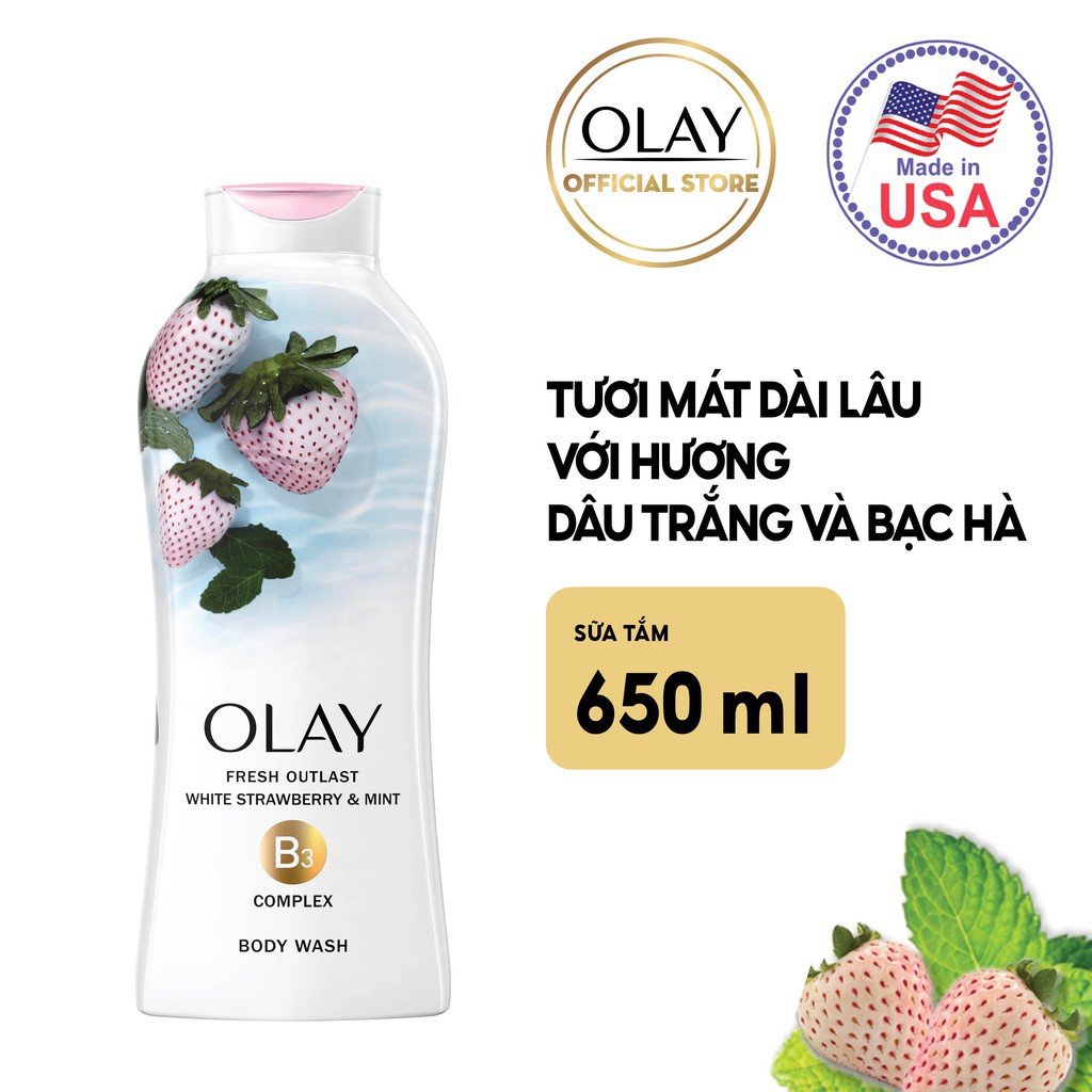 Combo Sữa tắm Olay Body wash Strawberry &amp; Mint 650 ml + Sữa tắm Olay Body wash Daily Exfoliating With Sea Salts 650 ml