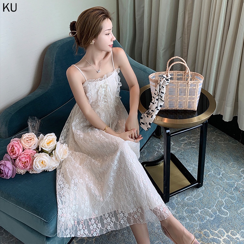Đầm hai dây dáng chữ A dài phối ren phong cách Pháp thời trang mùa hè mới 2022