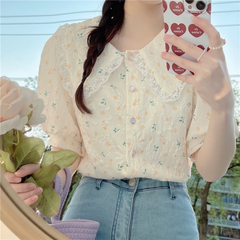 Áo Tay Bồng Hoa Nhí Phong Cách Pháp Nhẹ Nhàng Size XS S M