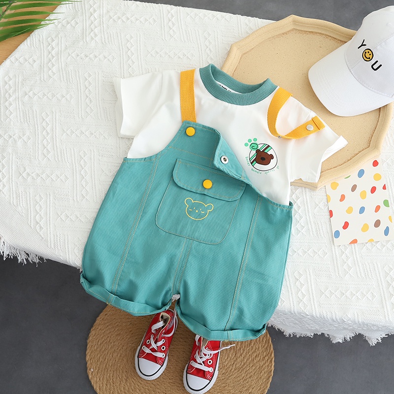 Set Áo Thun Tay Ngắn Cổ Tròn + Quần Short Cotton In Hình Gấu Hoạt Hình Thời Trang Hè Cho Bé Size 80-120cm
