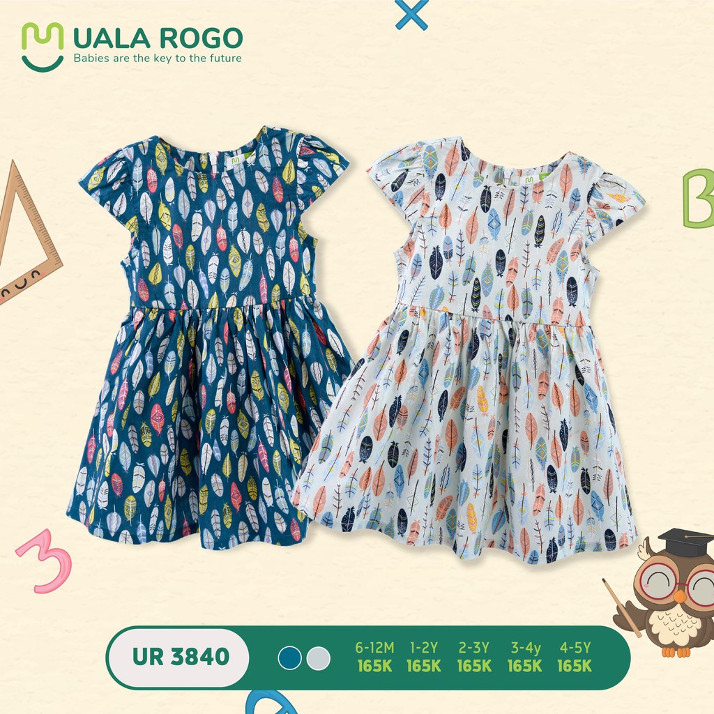 Váy Uala Rogo Cotton 100% cao cấp mềm thoáng mát thấm hút tốt váy tay bồng in lông vũ đáng yêu cho bé gái 3841 3840