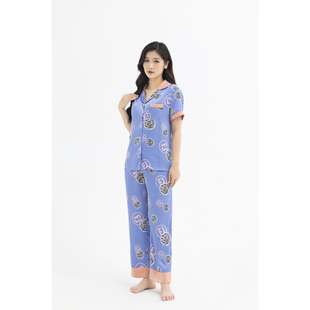 Bộ đồ ngủ Bigsize Pijama lụa Nhật cao cấp JAPANSILK, ngắn tay quần dài họa tiết chữ FL viền màu cam CD072