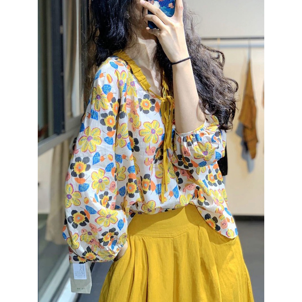 Hàng Có Sẵn Áo Sơ Mi Linen Dáng Rộng Buộc Dây Hình Hoa Nhỏ Tươi Tắn Kiểu Retro Nhật Bản Mùa Hè