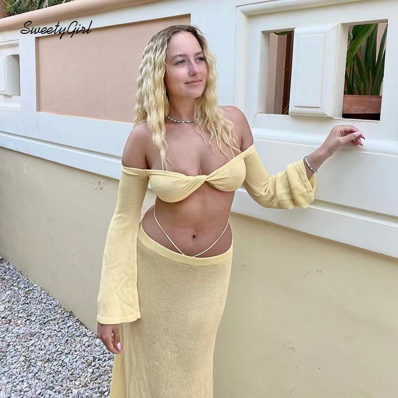 Áo Dệt Kim Tay Dài Hở Vai Màu Trơn Thời Trang 2022 Dành Cho Nữ