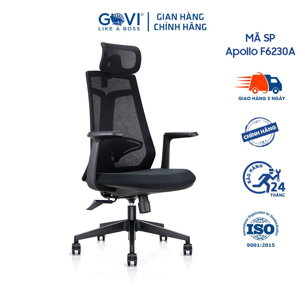 Ghế xoay văn phòng công thái học GOVI Felix F6230A - Tựa đầu điều chỉnh, tựa tay cố định