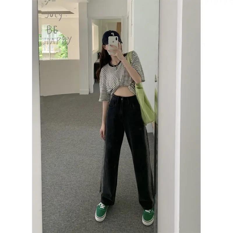 Quần Jean Ống Rộng Màu Đen Lưng Cao Họa Tiết Kẻ Sọc Phong Cách Hàn Quốc Thời Trang Cho Nữ