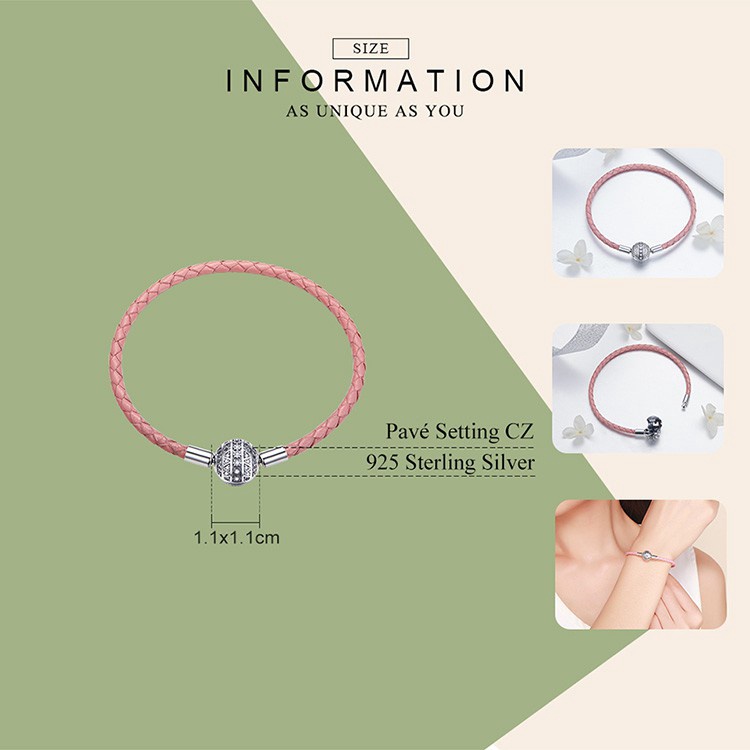 Vòng đeo tay Bamoer thắt dây da phối hạt phụ kiện tròn bằng bạc đính đá zircon dễ thương thời trang dành cho nữ