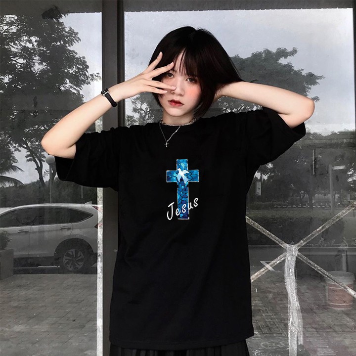 Áo thun tay lỡ G1SHOP vải coton dày dặn, co dãn, form rộng - Jesus Cross