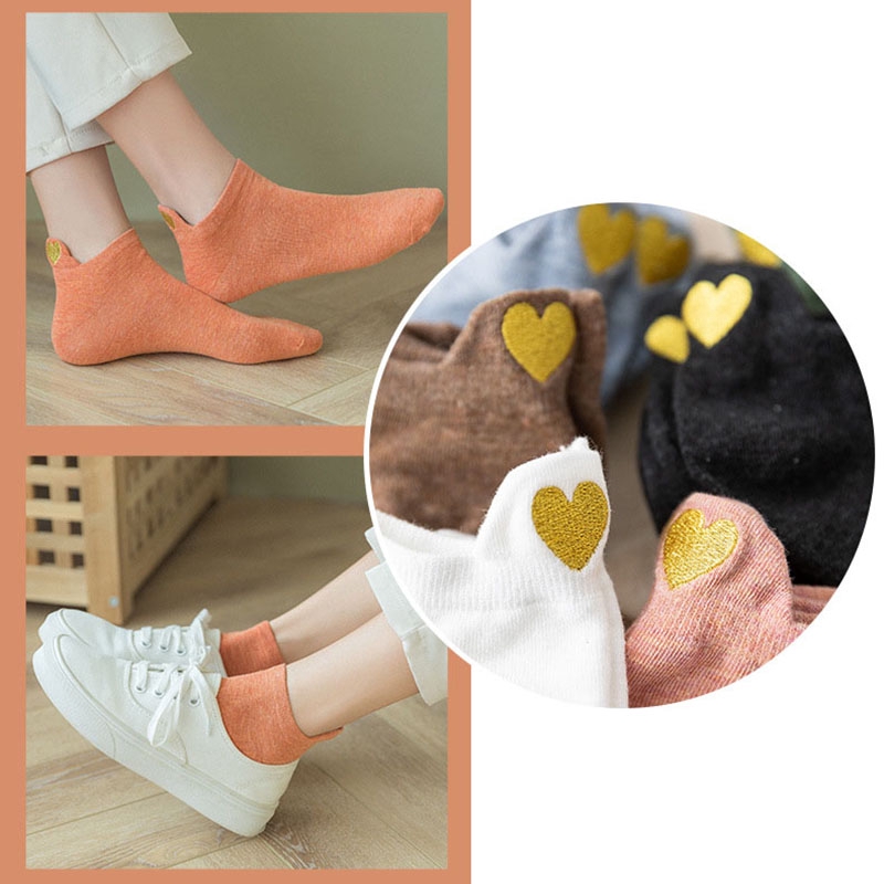 Tất cotton màu trơn thêu hình trái tim vàng cỡ 35 phong cách xuân hè thời trang Hàn Quốc cho nữ