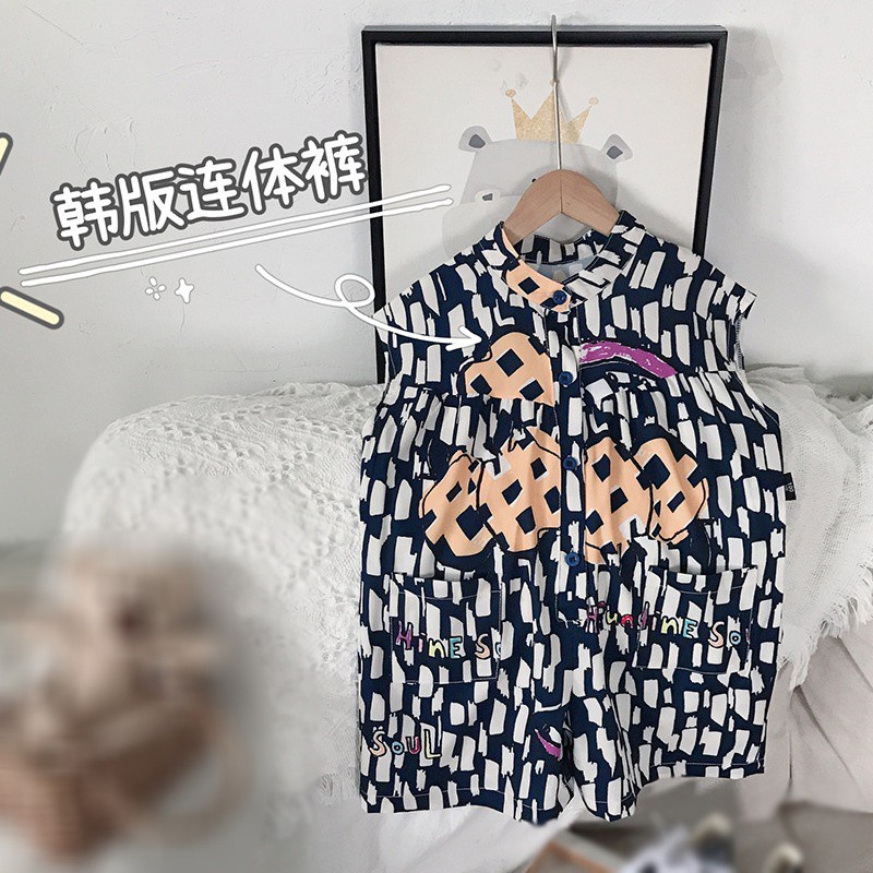Jumpsuit Cộc Tay Dáng Rộng In Họa Tiết Graffiti Kiểu Hàn Quốc Thời Trang Mùa Hè Cho Bé Gái