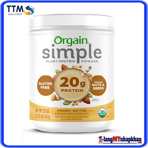 Đạm thực vật hữu cơ Simple hương Bơ lạc 567g Orgain/ Simple Organic Plant-Based Protein Powder Peanut Butter Flavor