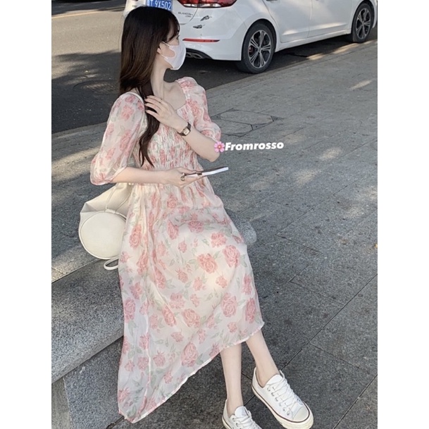 Đầm hoa nhí vintage tiểu thư ROSIE dáng dài nhún ngực hoa hồng
