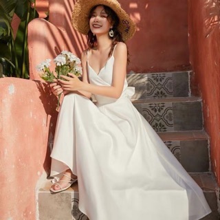 👗 SIÊU XINH 👗  Đầm Maxi trắng hở lưng cột nơ điệu đà 