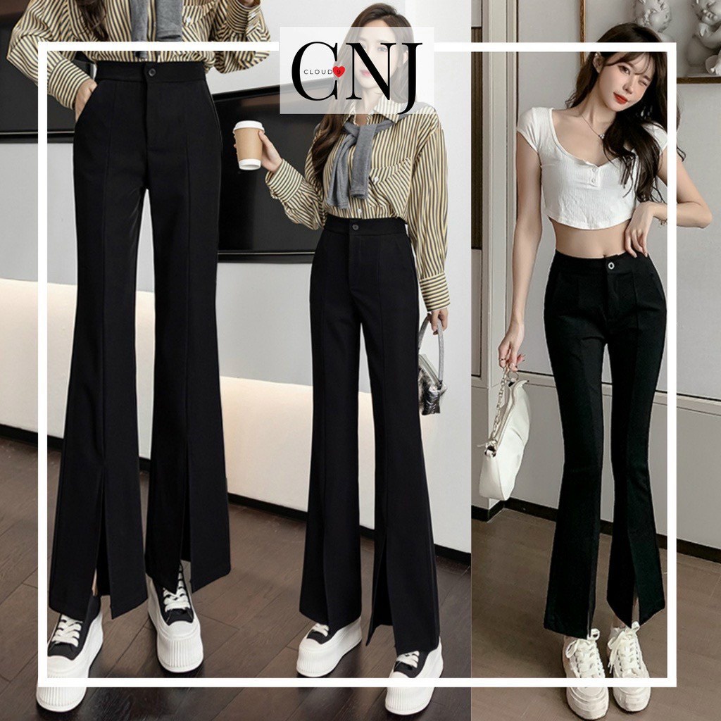 Quần dài tây nữ ống loe xẻ trước lưng cao 1 nút chất tuyết mưa tôn dáng