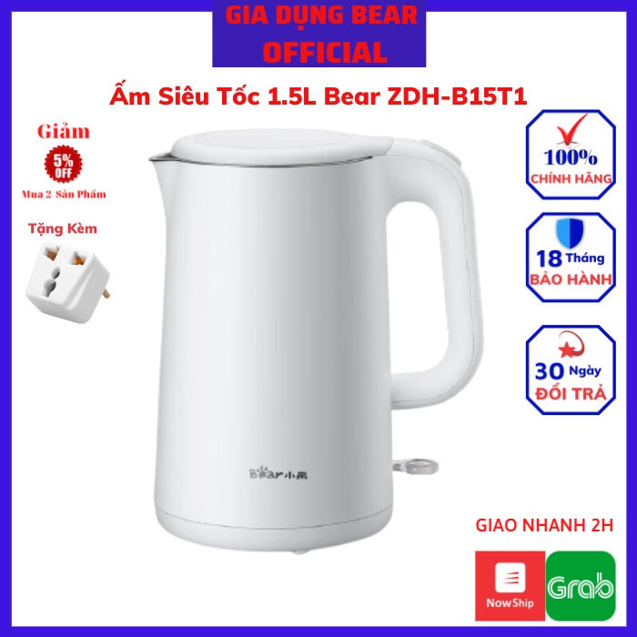 Ấm Siêu Tốc, Bình Đun Nước Siêu Tốc 1.5 lít Bear ZDH-B15T1, Công Suất 1500W, Đun Nước Siêu Nhanh & Sang Trong, BH 1 Năm.