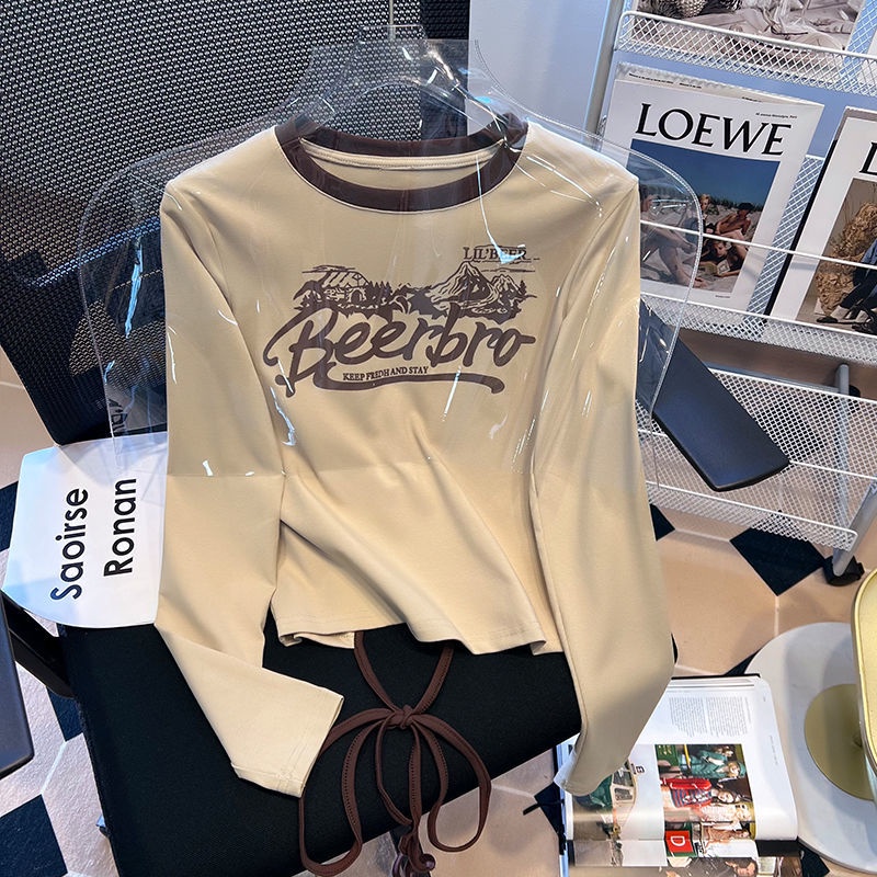 Áo Thun Tay Dài In Chữ Màu Sắc Tương Phản Phong Cách Retro Dành Cho Nữ