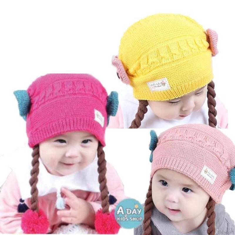 Mũ Cotton Đính Nơ Kèm Tóc Giả Bện Xinh Xắn Cho Bé Gái