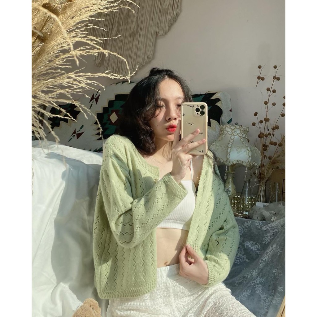 (ảnh thật Mint) Áo cardigan len khuyết dáng crop lửng