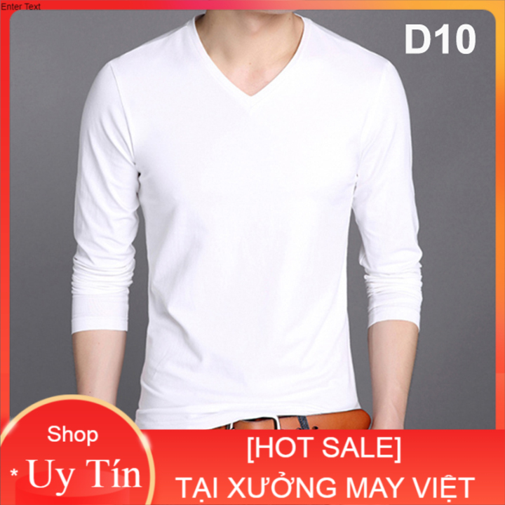 Áo thun nam cổ tim dài tay đẹp màu đen, trắng [SALE]