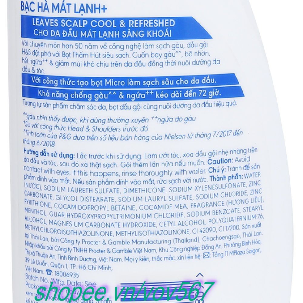 Dầu Gội Đầu 625ml Head & Shoulders Bạc Hà Mát Lạnh Chính Hãng.