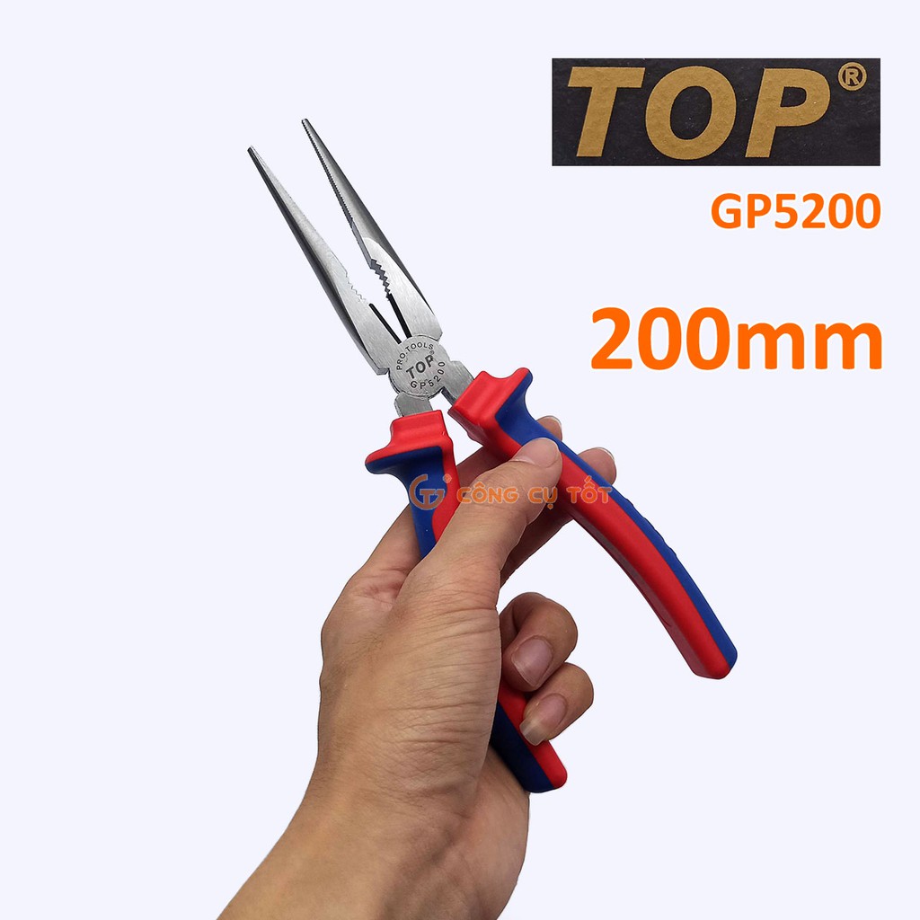 Kìm mỏ nhọn cao cấp TopGold 200mm lưỡi thép giàu Crôm tôi cao tần độ cứng HRC62